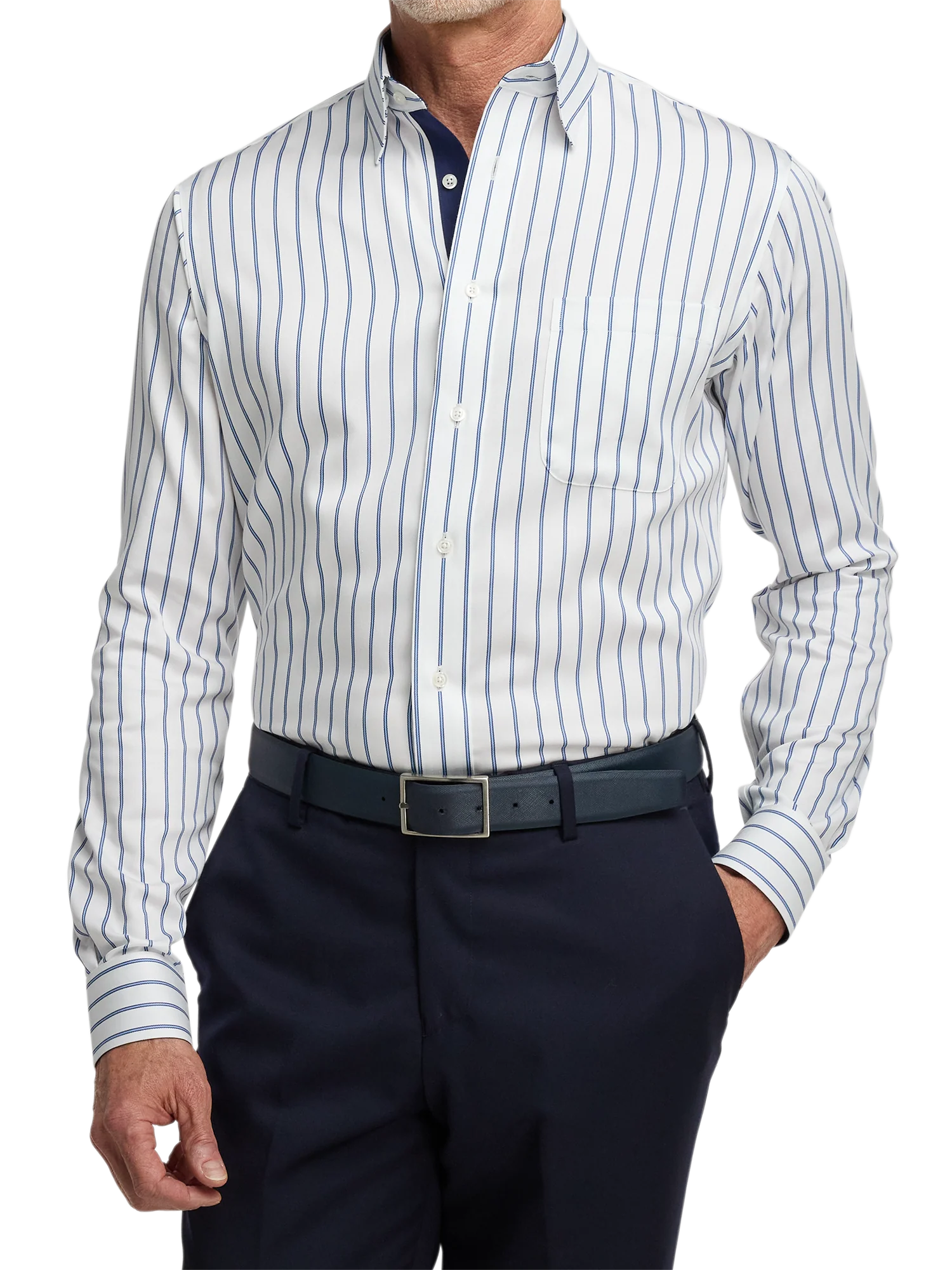 Non-Iron Cotton Stripe Dress Shirt With Contrast Trim - White/blue - Image 2