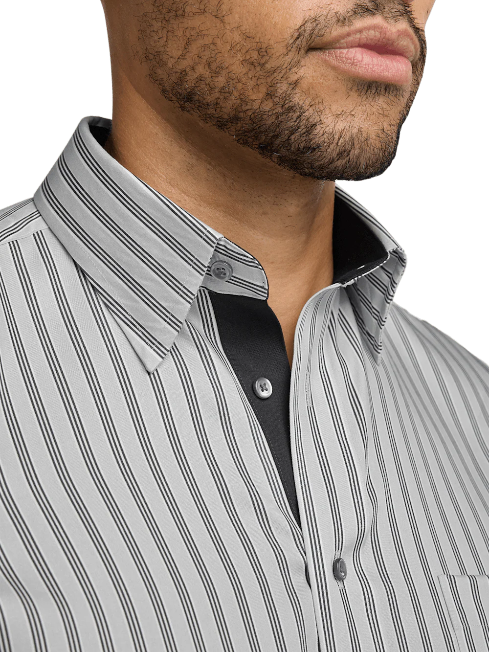 Non-Iron Cotton Stripe Dress Shirt With Contrast Trim - Grey - Image 3