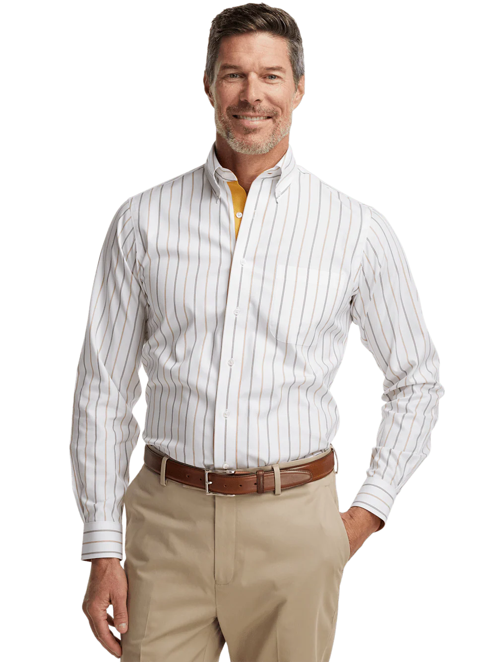 Non-Iron Cotton Stripe Dress Shirt With Contrast Trim - White/brown - Image 2