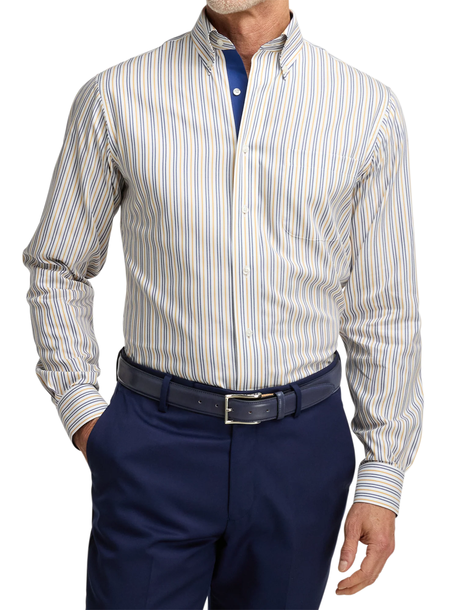 Non-Iron Cotton Stripe Dress Shirt With Contrast Trim - Blue/gold - Image 2