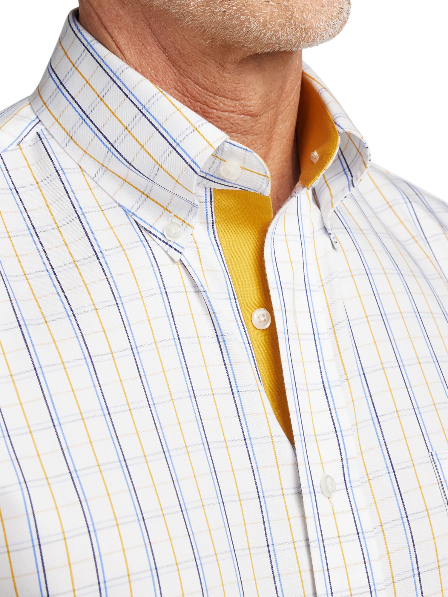 Non-Iron Cotton Windowpane Dress Shirt With Contrast Trim - White/gold - Image 3