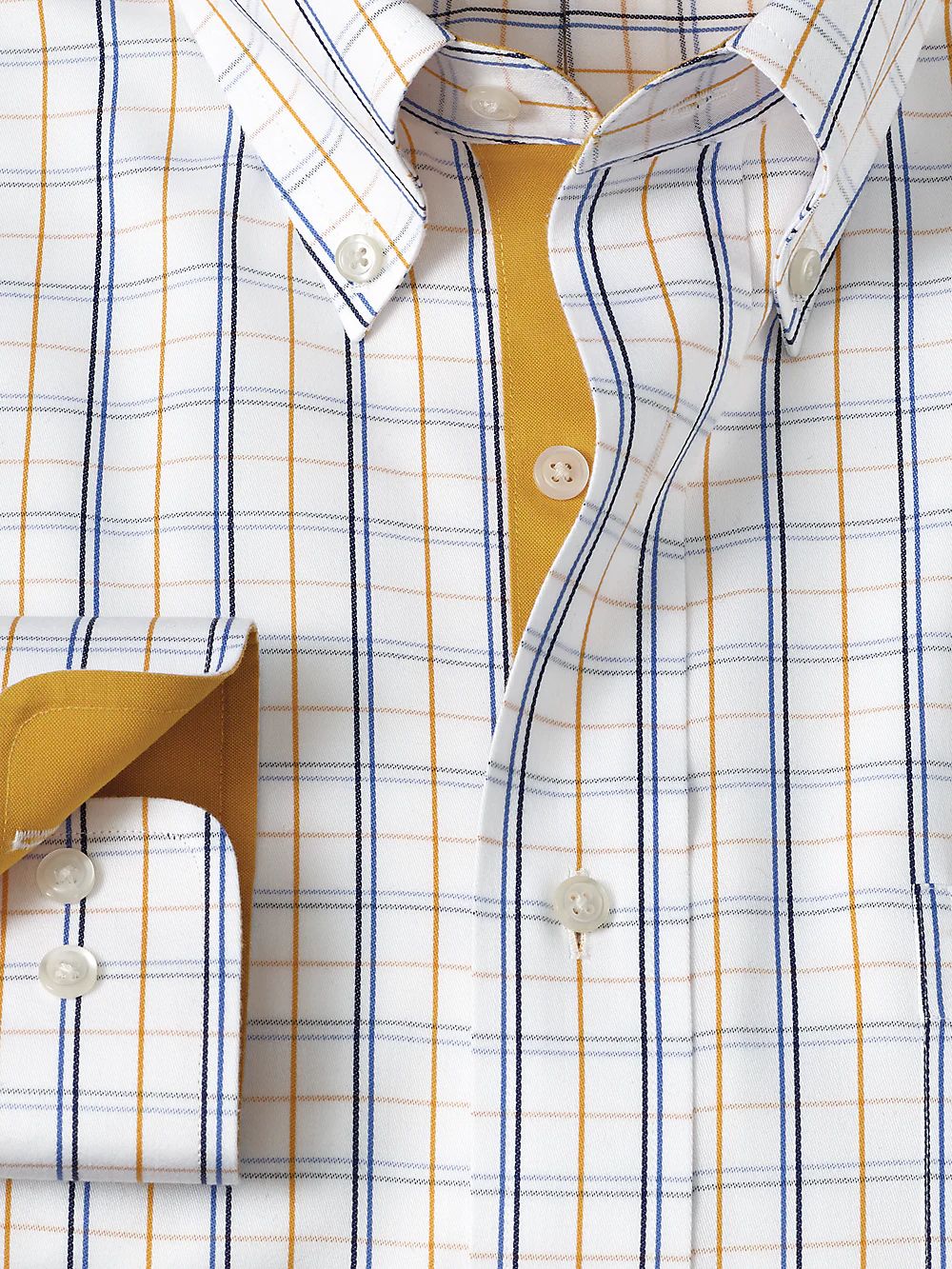Non-Iron Cotton Windowpane Dress Shirt With Contrast Trim - White/gold - Image 6