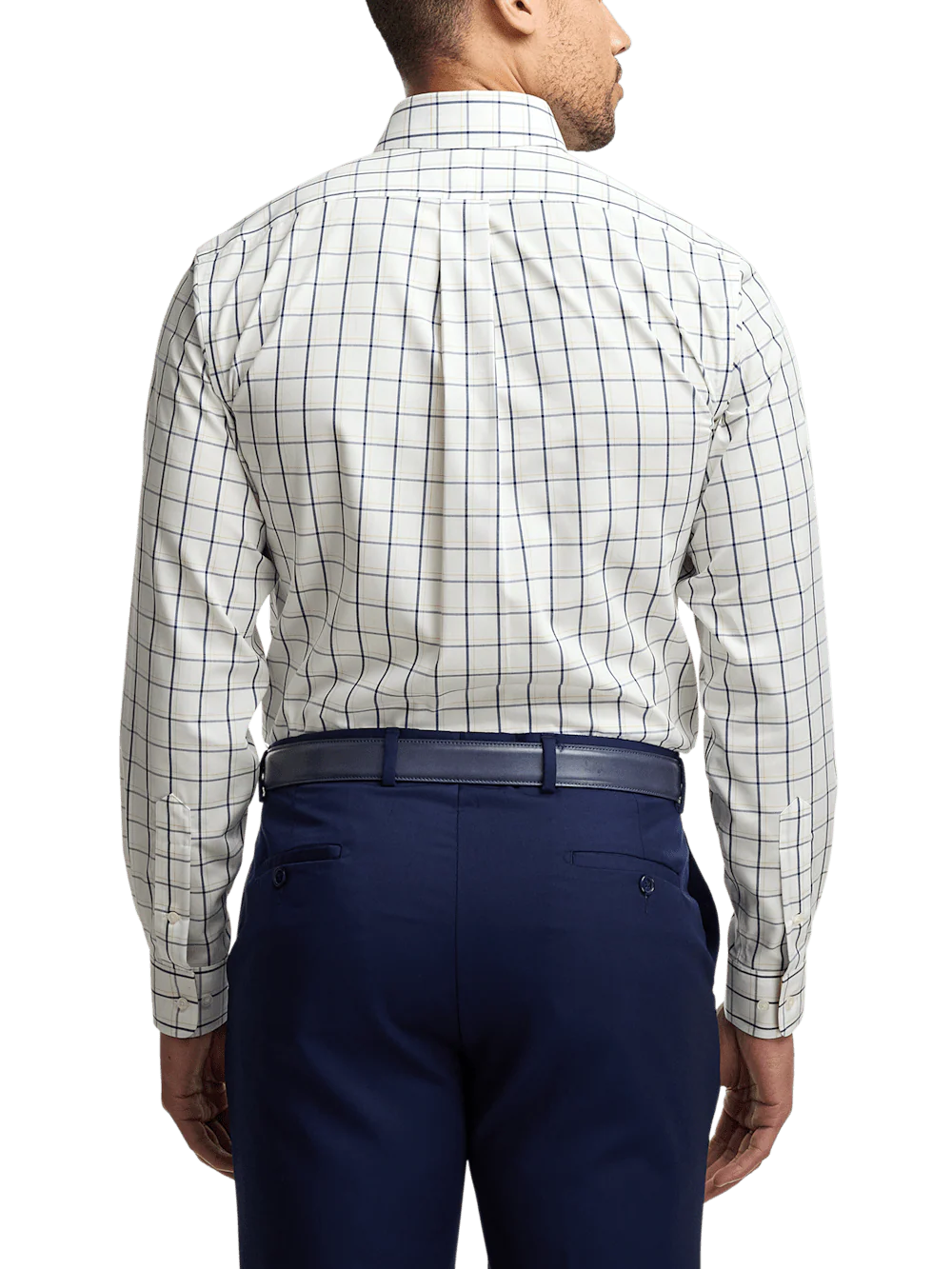 Non-Iron Cotton Windowpane Dress Shirt With Contrast Trim - Navy/gold - Image 5