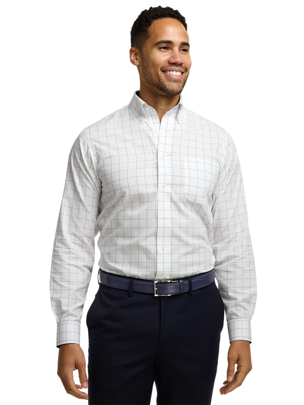Non-Iron Cotton Windowpane Dress Shirt With Contrast Trim - Cobalt - Image 2