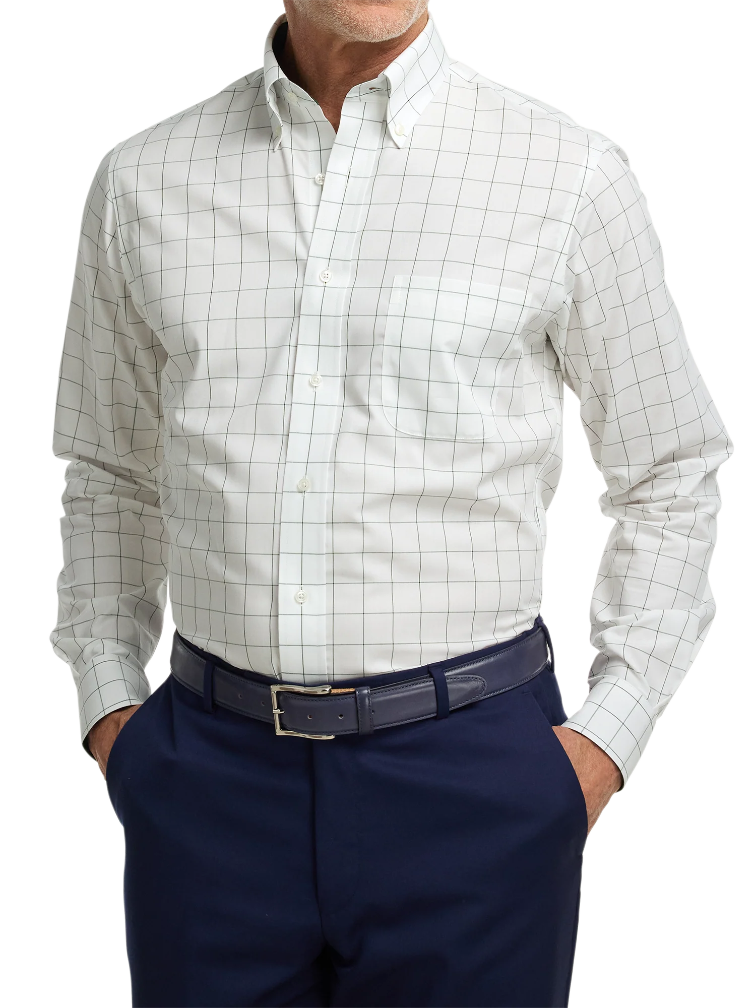 Non-Iron Cotton Windowpane Dress Shirt With Contrast Trim - Green - Image 2