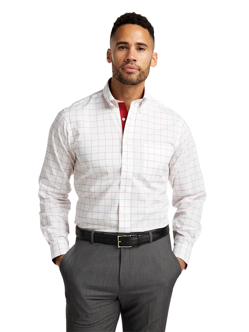 Non-Iron Cotton Windowpane Dress Shirt With Contrast Trim - Red - Image 2