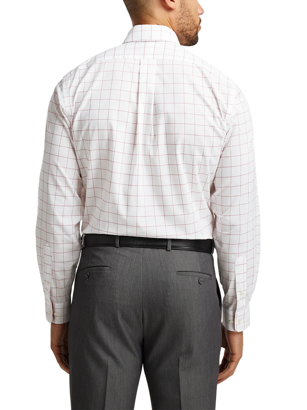Non-Iron Cotton Windowpane Dress Shirt With Contrast Trim - Red - Image 5