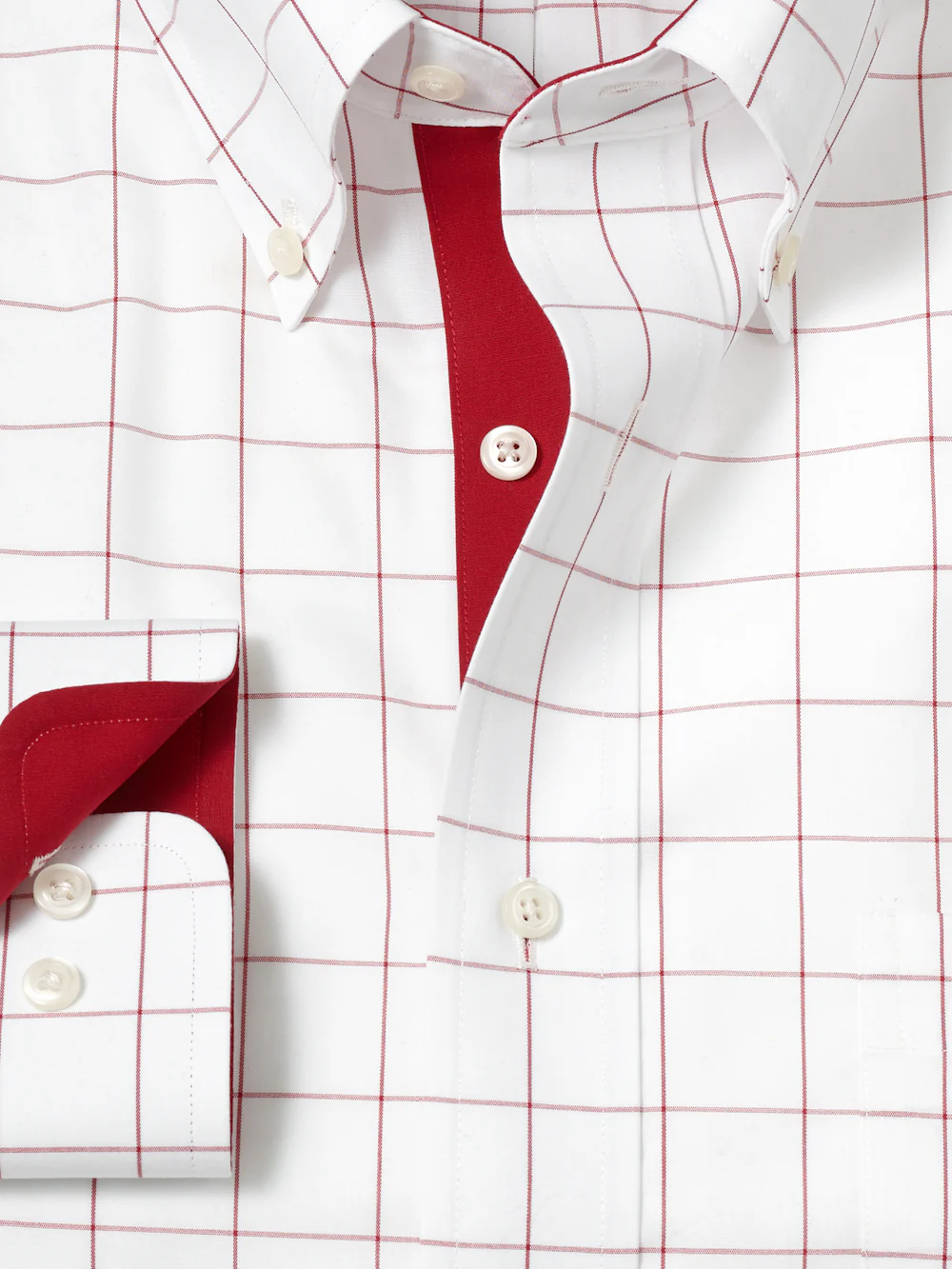 Non-Iron Cotton Windowpane Dress Shirt With Contrast Trim - Red - Image 6