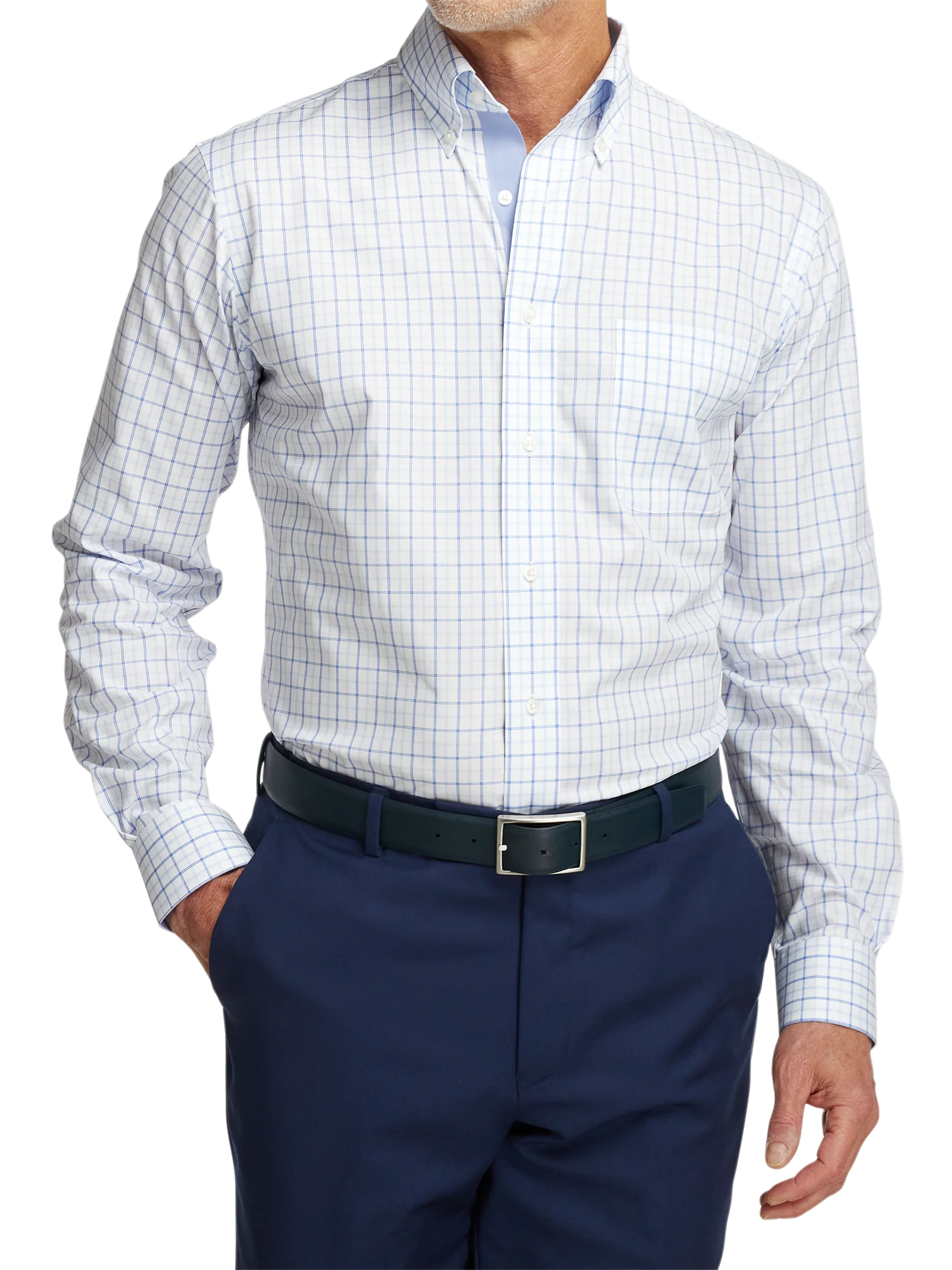 Non-Iron Cotton Windowpane Dress Shirt With Contrast Trim - Blue - Image 2