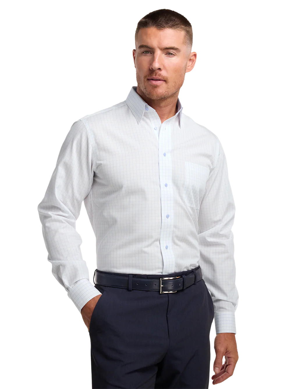 Non-Iron Cotton Windowpane Dress Shirt With Contrast Trim - White Multi - Image 2