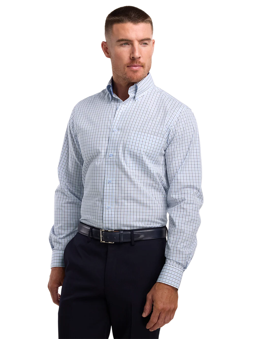 Non-Iron Cotton Windowpane Dress Shirt With Contrast Trim - White/blue - Image 2