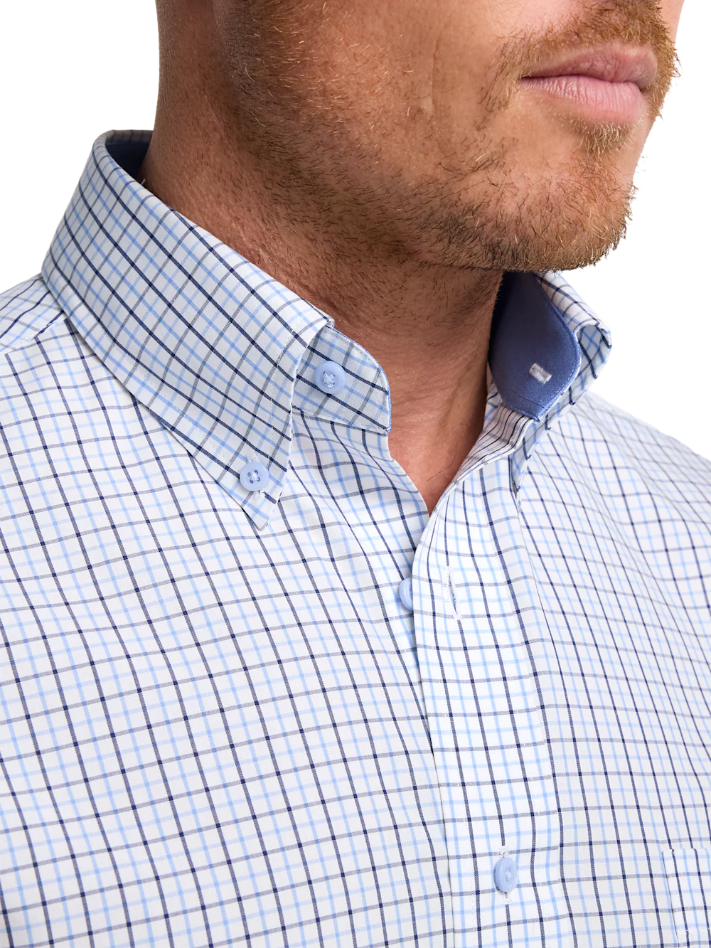 Non-Iron Cotton Windowpane Dress Shirt With Contrast Trim - White/blue - Image 3