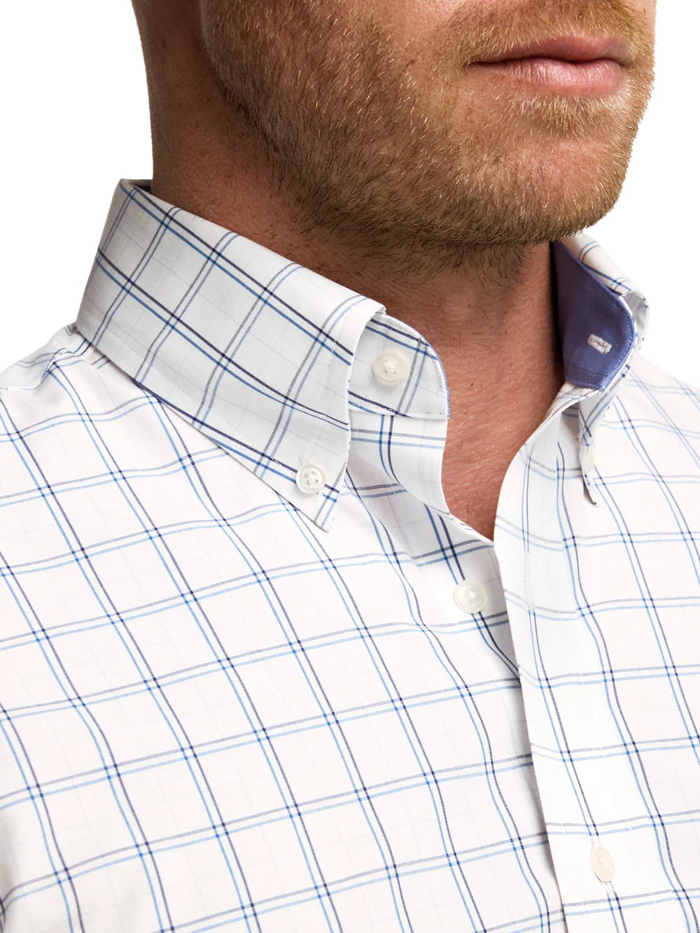 Non-Iron Cotton Windowpane Dress Shirt With Contrast Trim - White/blue - Image 3