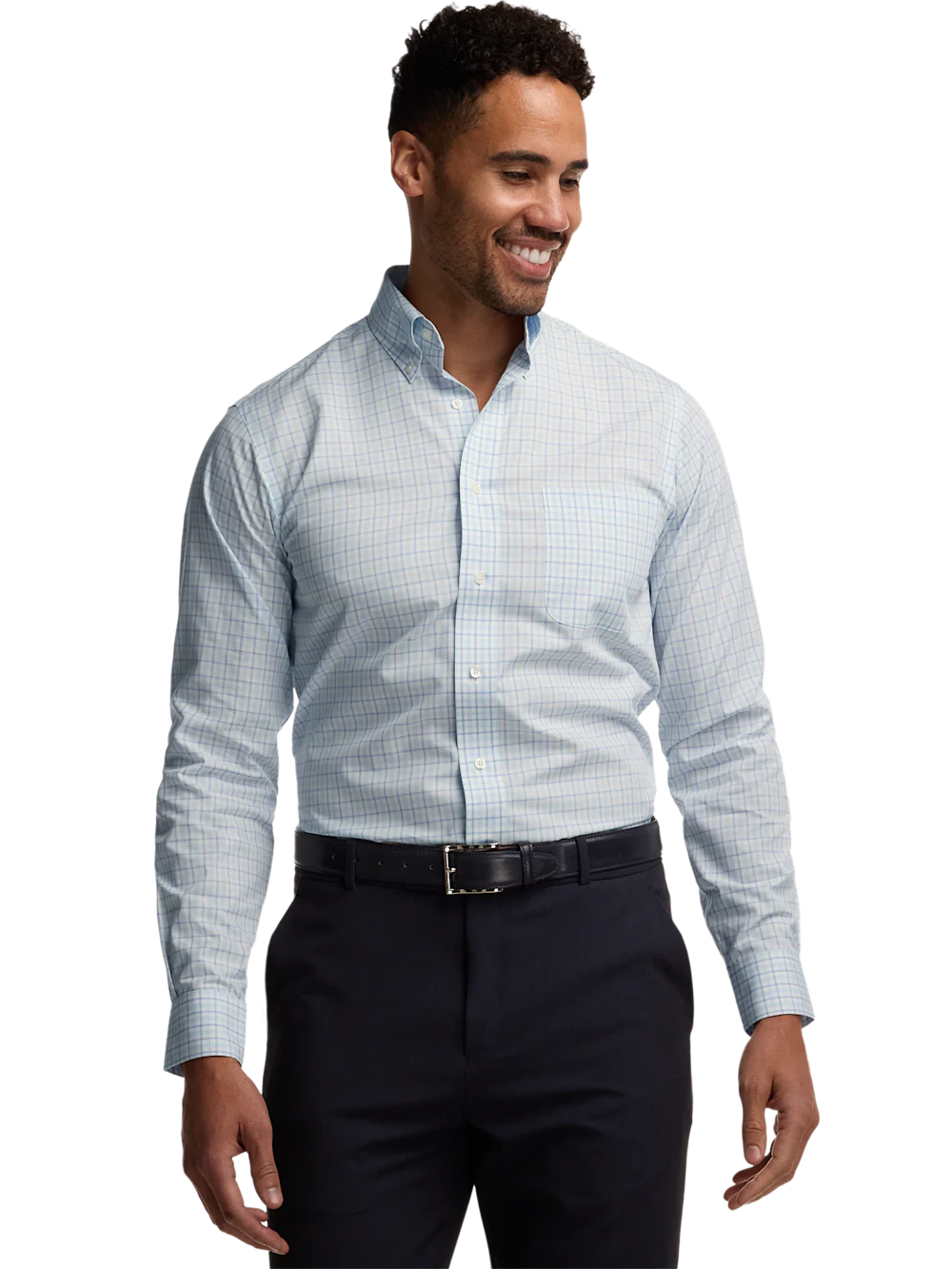 Non-Iron Cotton Windowpane Dress Shirt With Contrast Trim - Aqua - Image 2
