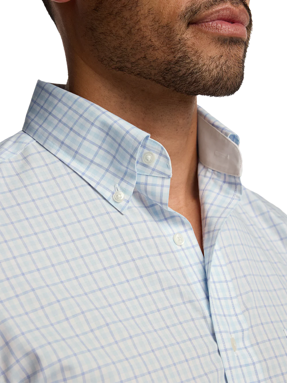 Non-Iron Cotton Windowpane Dress Shirt With Contrast Trim - Aqua - Image 3