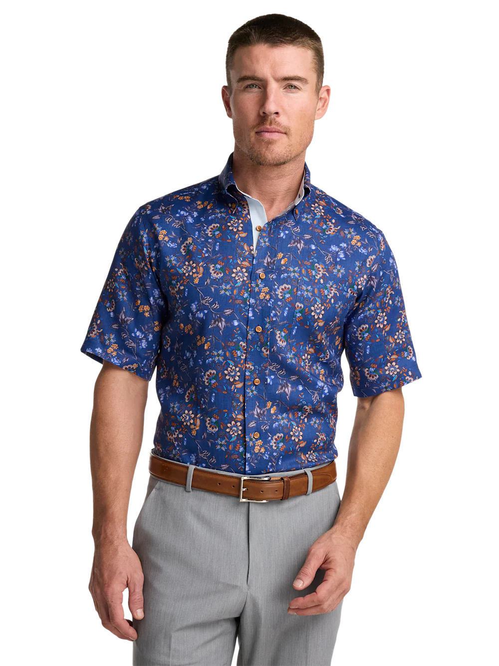 Non-Iron Linen Floral Dress Shirt With Contrast Trim - Cobalt - Image 2
