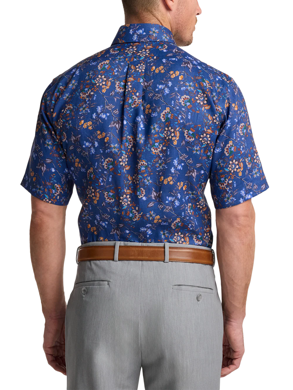 Non-Iron Linen Floral Dress Shirt With Contrast Trim - Cobalt - Image 5