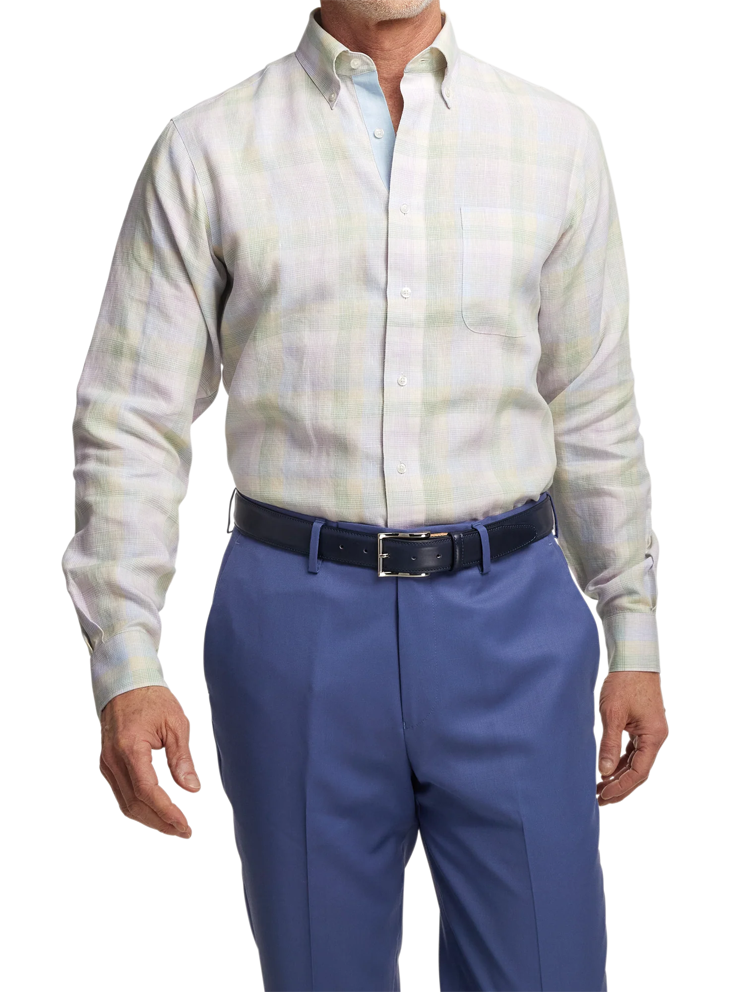 Non-Iron Linen Plaid Dress Shirt With Contrast Trim - Multi - Image 2