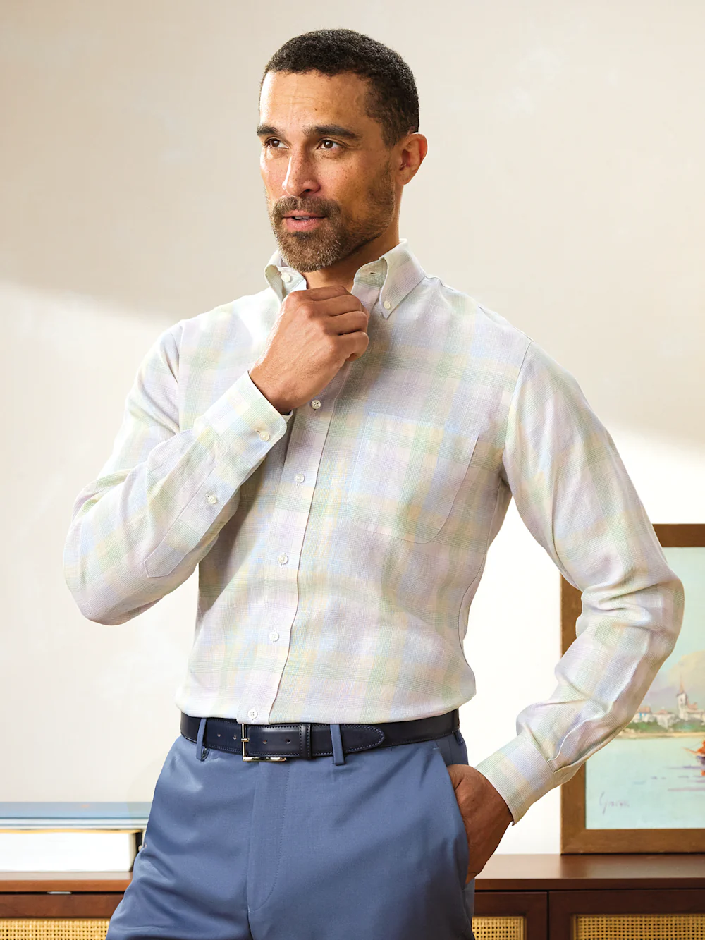 Non-Iron Linen Plaid Dress Shirt With Contrast Trim - Multi - Image 8