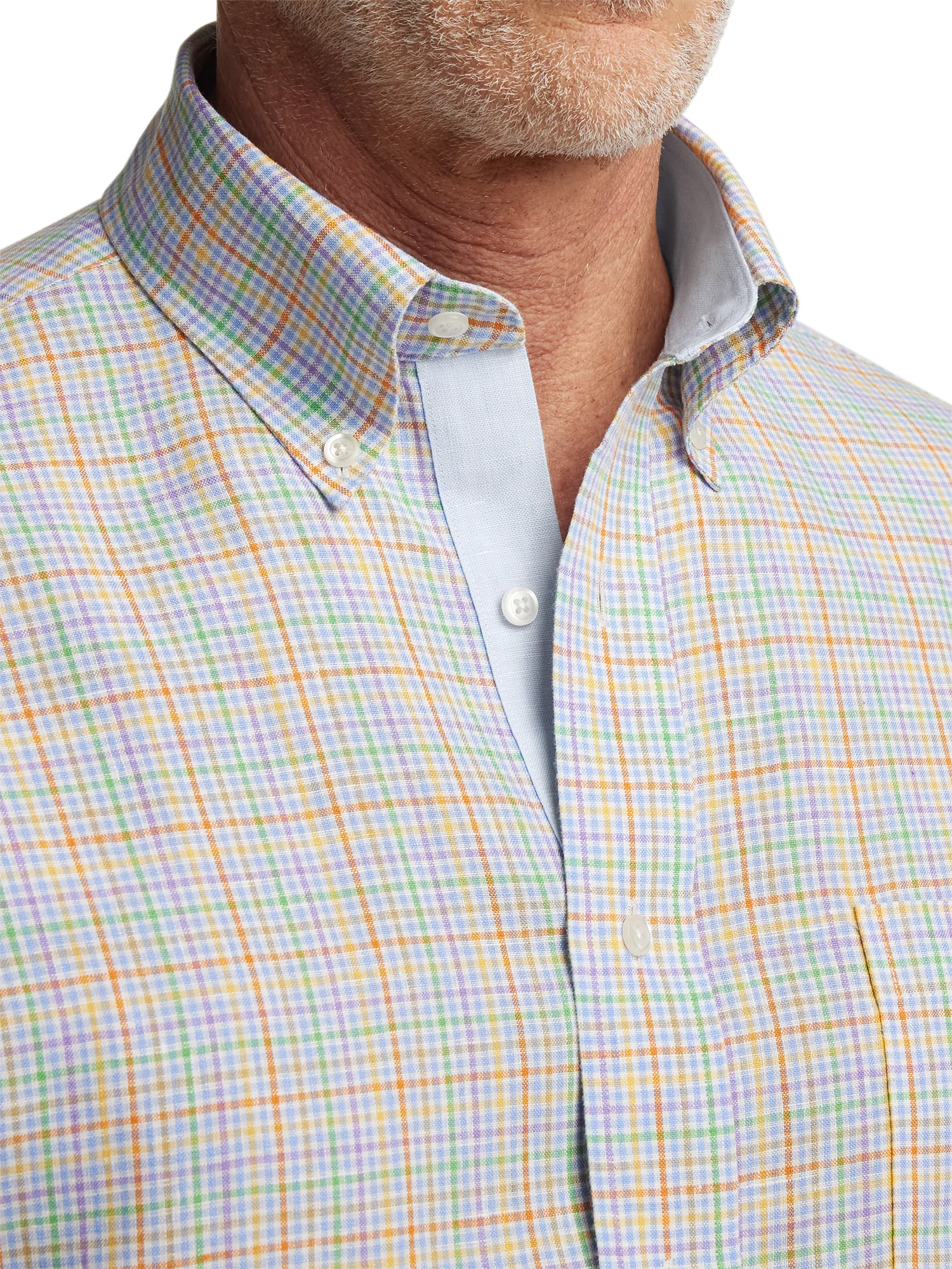 Non-Iron Linen Plaid Dress Shirt With Contrast Trim - Multi - Image 3