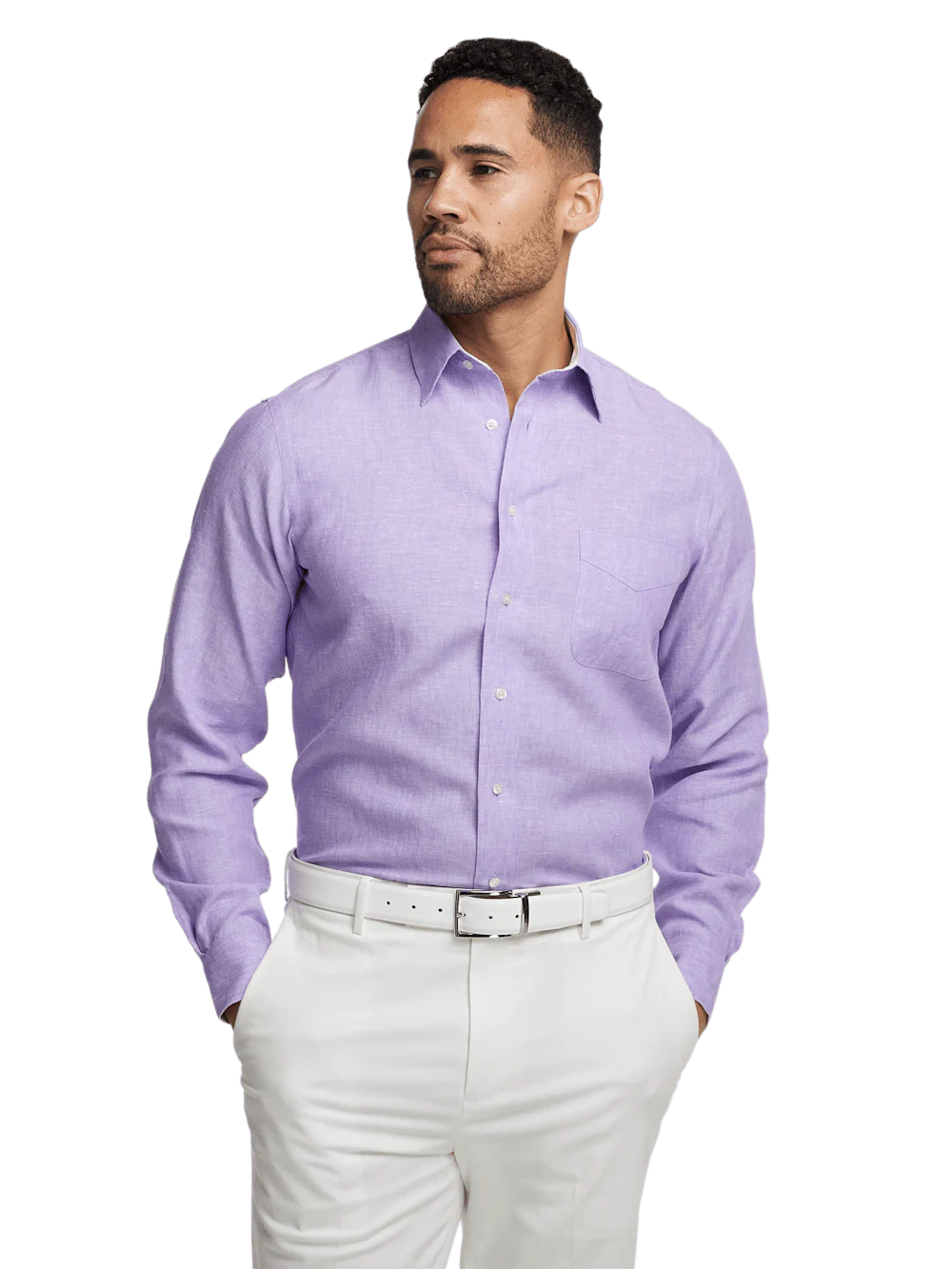Non-Iron Linen Solid Dress Shirt With Contrast Trim - Lavender - Image 2