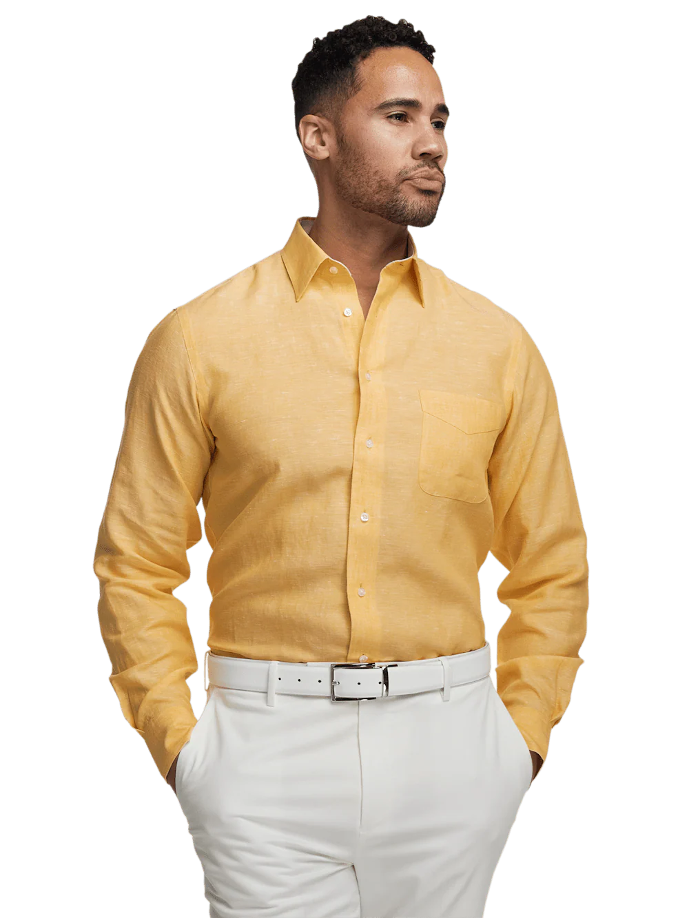 Non-Iron Linen Solid Dress Shirt With Contrast Trim - Yellow - Image 2