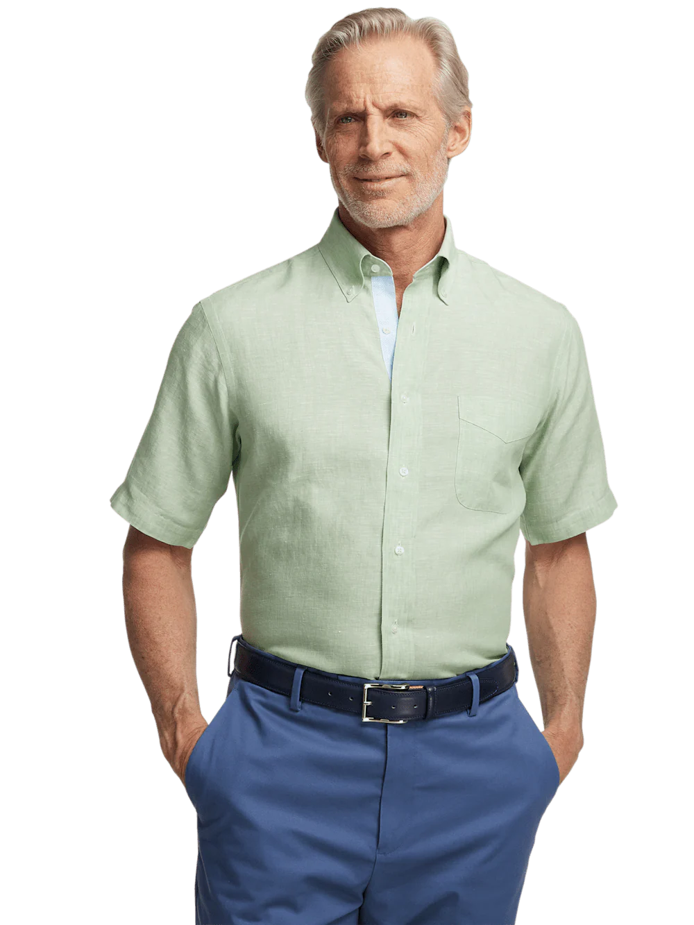 Non-Iron Linen Solid Dress Shirt With Contrast Trim - Light Green - Image 2