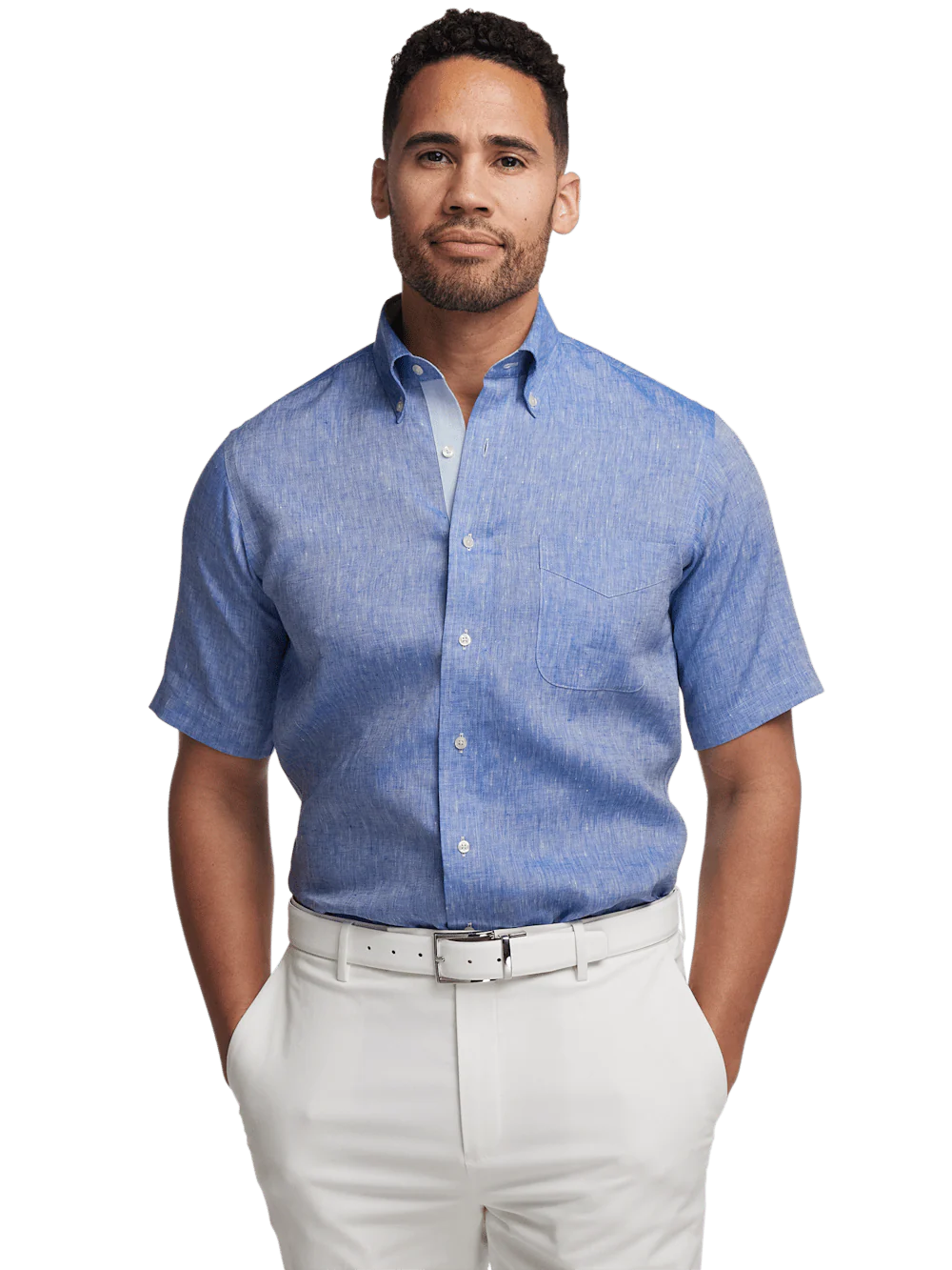 Non-Iron Linen Solid Dress Shirt With Contrast Trim - Dark Blue - Image 2