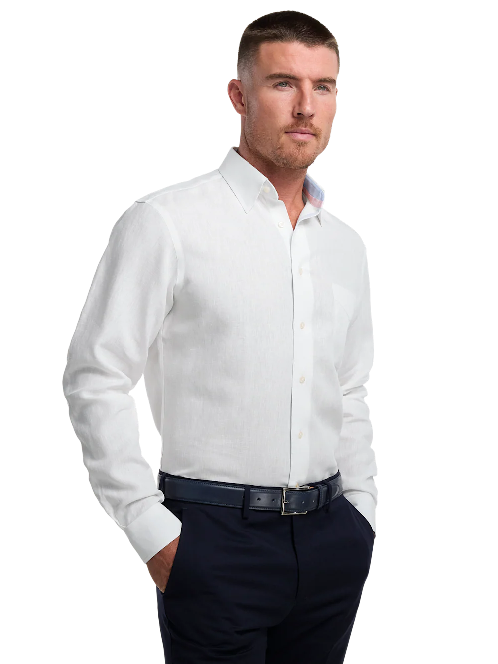 Non-Iron Linen Solid Dress Shirt With Contrast Trim - White - Image 2