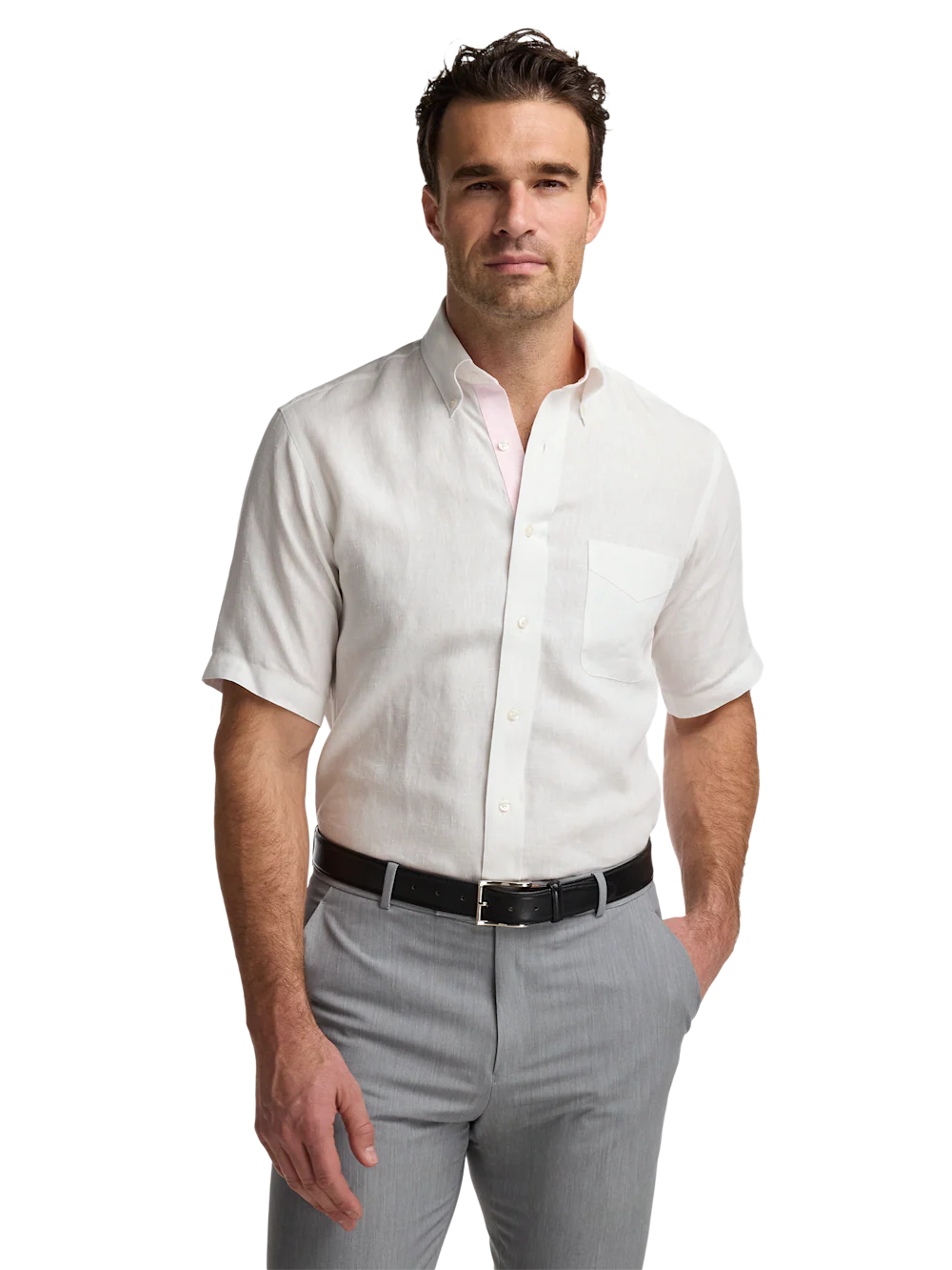 Non-Iron Linen Solid Dress Shirt With Contrast Trim - White - Image 2