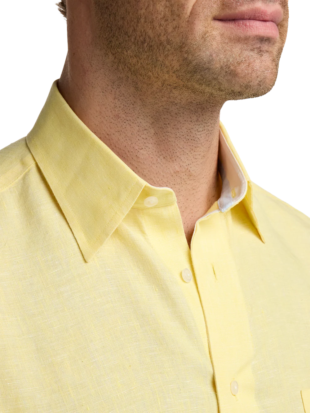 Non-Iron Linen Solid Dress Shirt With Contrast Trim - Light Yellow - Image 3