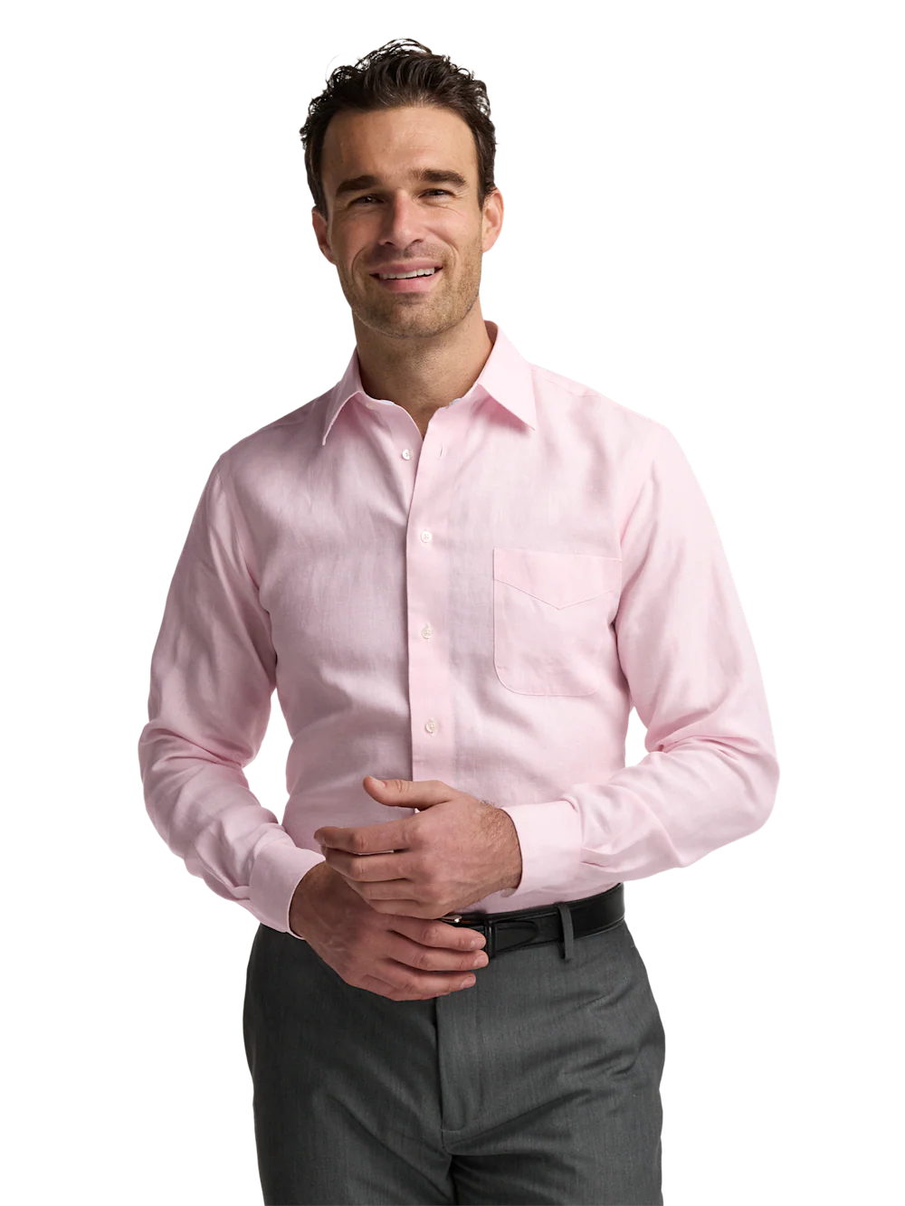 Non-Iron Linen Solid Dress Shirt With Contrast Trim - Pink - Image 2