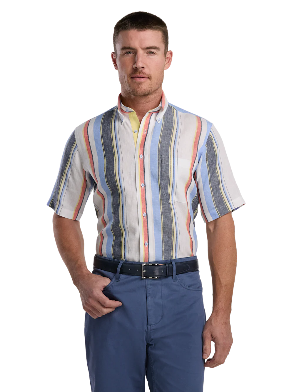 Non-Iron Linen Stripe Dress Shirt With Contrast Trim - White Multi - Image 2