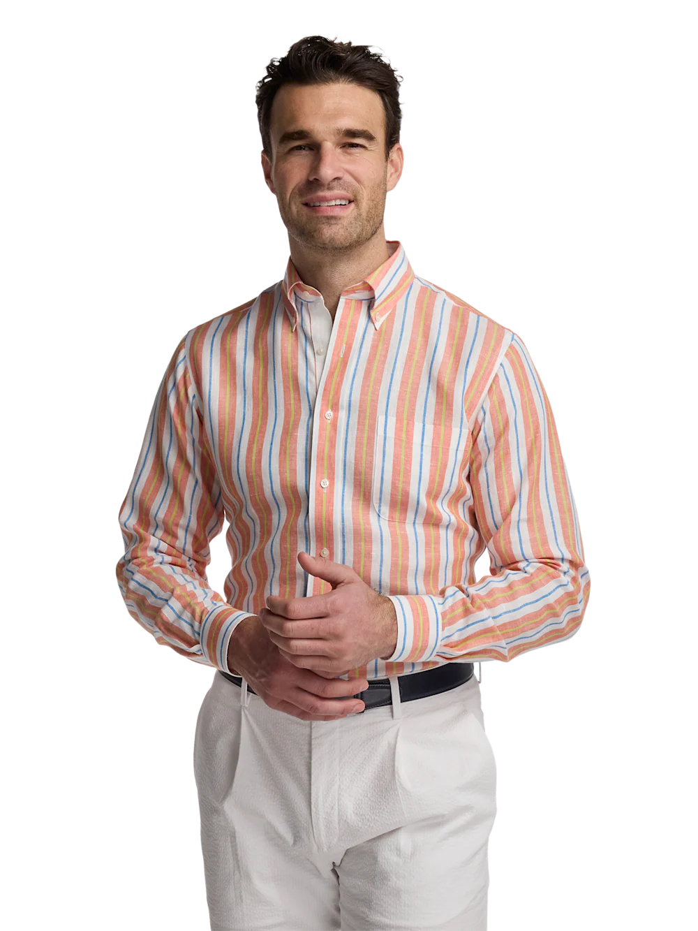 Non-Iron Linen Stripe Dress Shirt With Contrast Trim - White Multi - Image 2