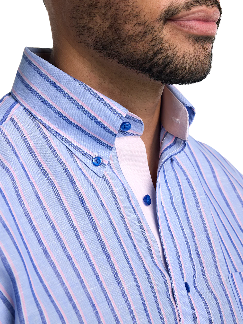 Non-Iron Linen Stripe Dress Shirt With Contrast Trim - Blue/pink - Image 3