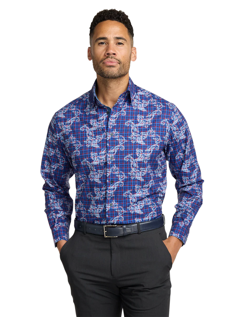Performance Stretch Check Casual Shirt - Navy/red - Image 2