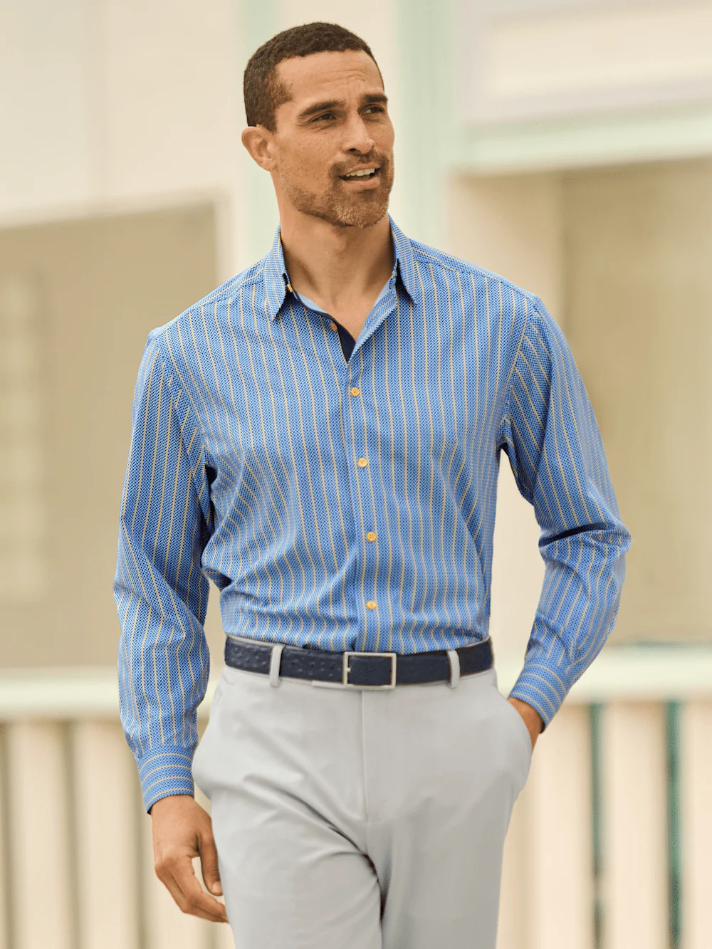 Performance Stretch Stripe Casual Shirt - Blue/yellow - Image 8