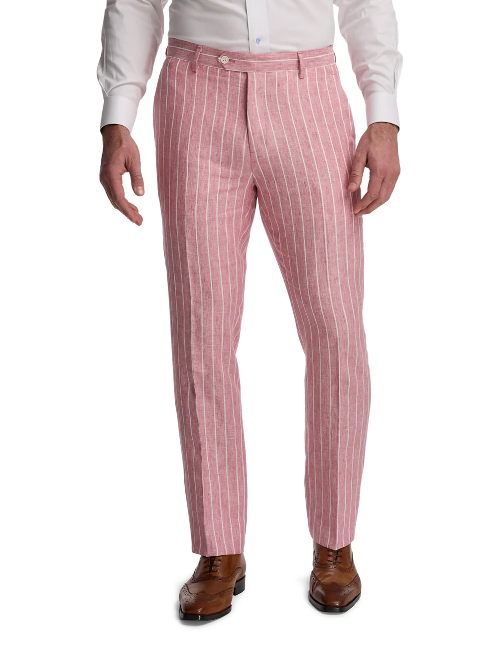 Pinstripe Linen Flat Front Suit Pants - Pink/white - Image 2