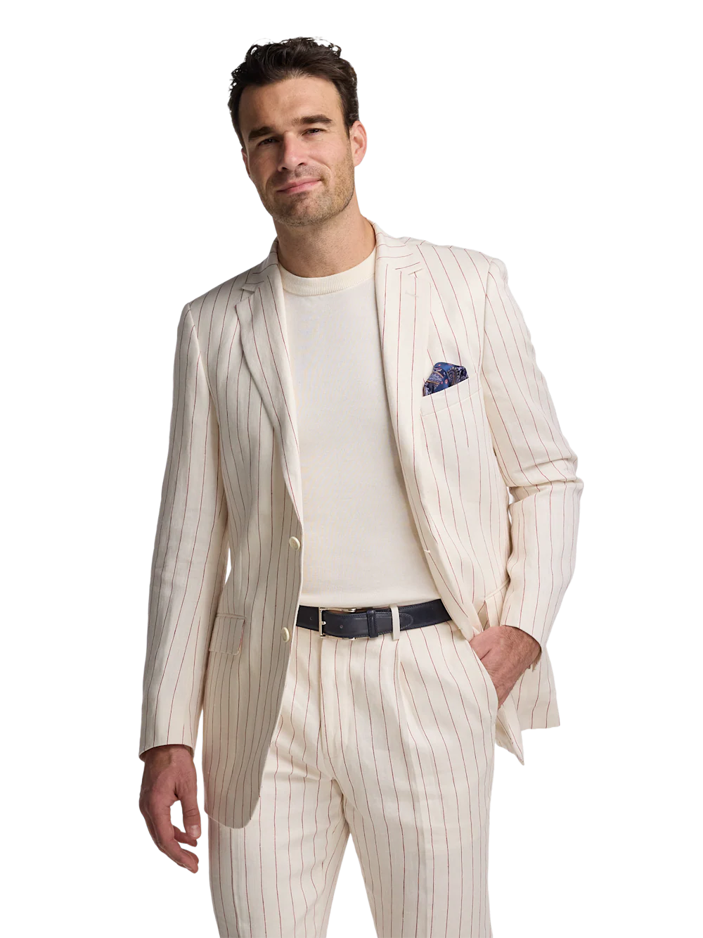 Pinstripe Linen Single Breasted Notch Lapel Suit Jacket - White/red - Image 2