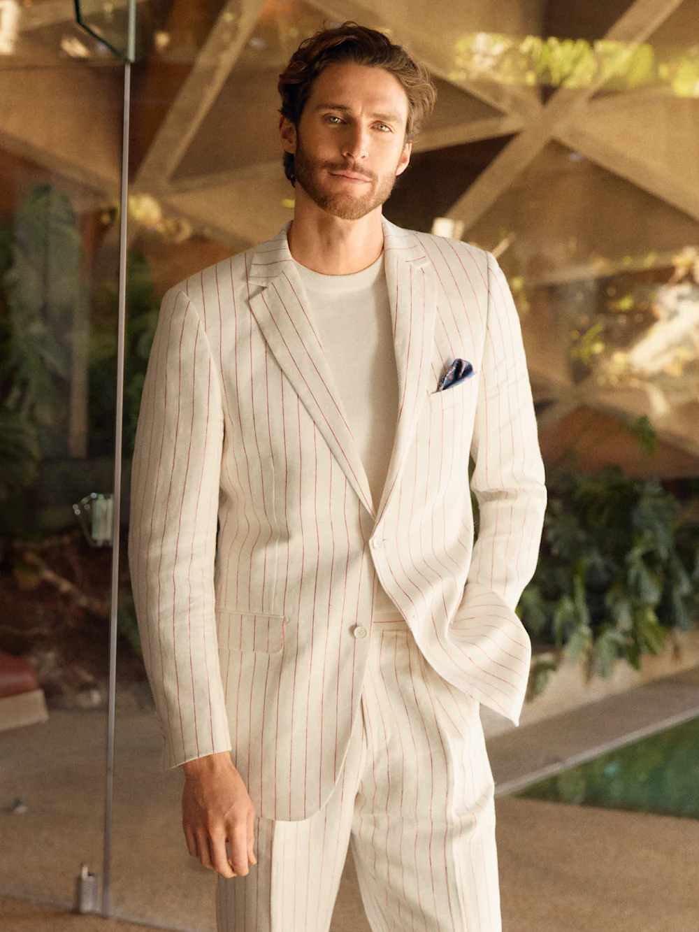 Pinstripe Linen Single Breasted Notch Lapel Suit Jacket - White/red - Image 8