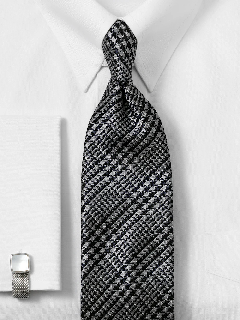 Plaid Houndstooth Woven Silk Tie - Black/grey - Image 2