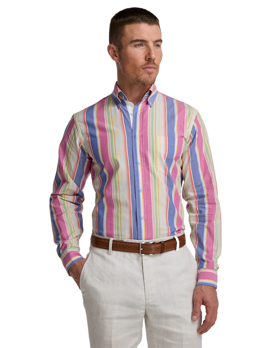 Seersucker Stripe Dress Shirt With Contrast Trim - Multi - Image 2