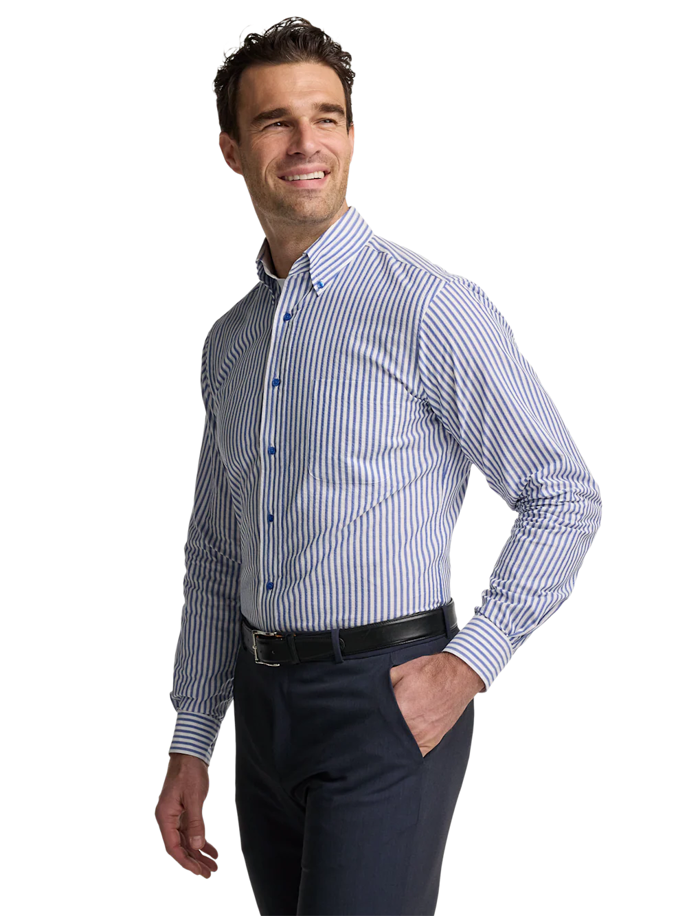 Seersucker Stripe Dress Shirt With Contrast Trim - White/blue - Image 2