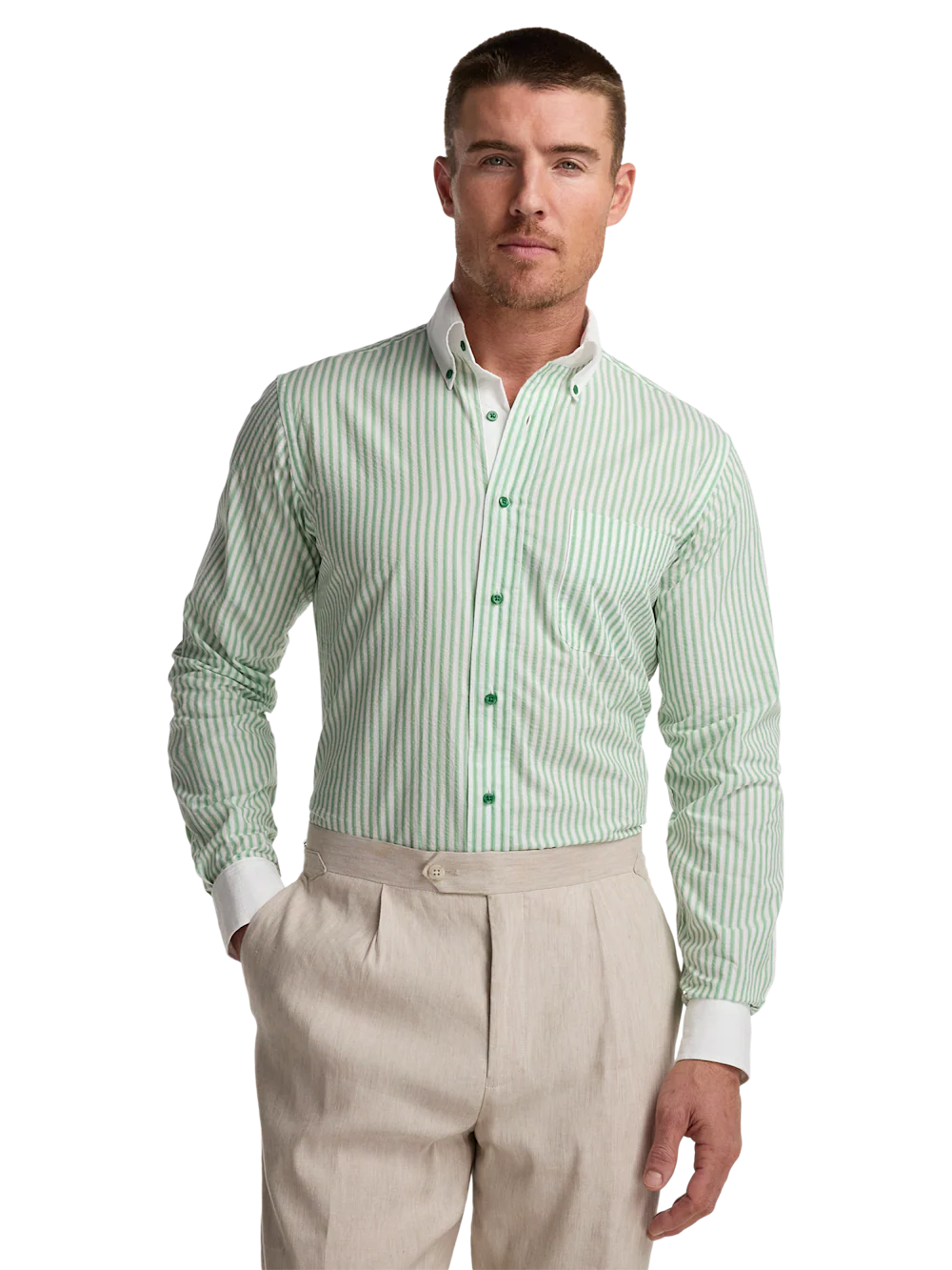 Seersucker Stripe Dress Shirt With Contrast Trim - White/green - Image 2