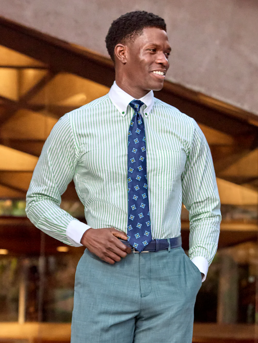 Seersucker Stripe Dress Shirt With Contrast Trim - White/green - Image 7
