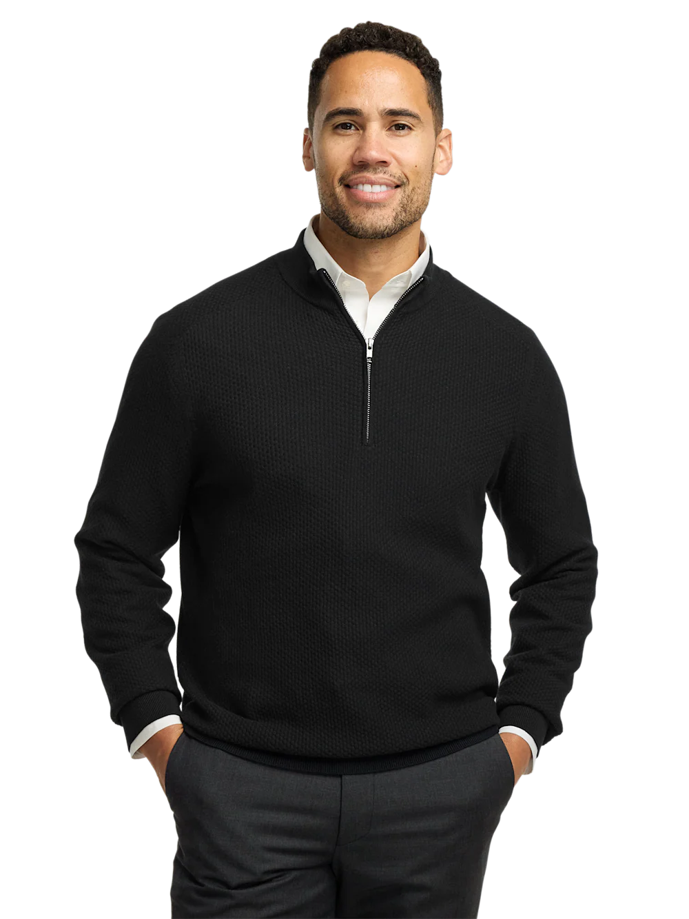 Silk Cotton Cashmere Quarter Zip Mock Neck Sweater - Black - Image 2