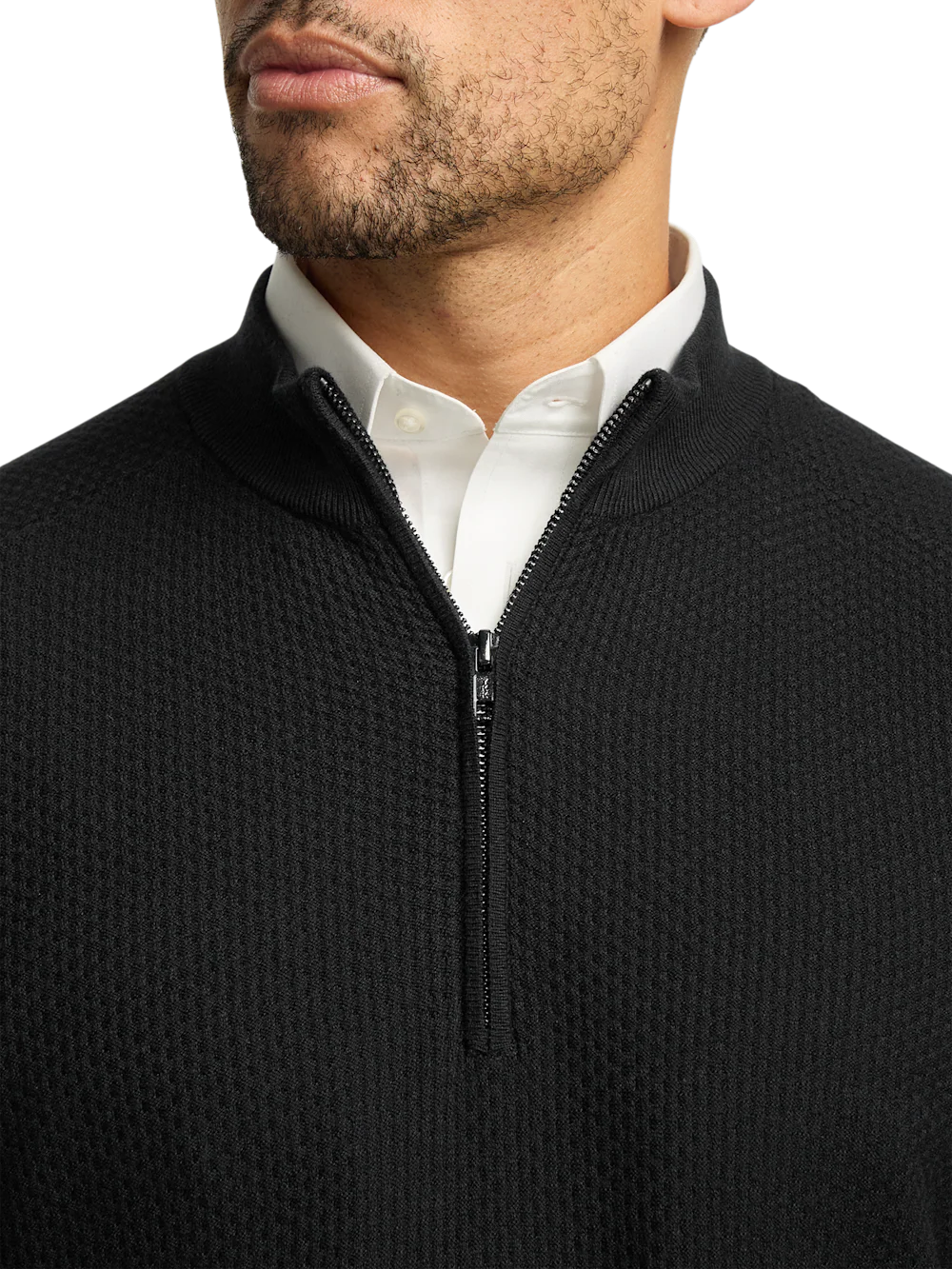 Silk Cotton Cashmere Quarter Zip Mock Neck Sweater - Black - Image 3
