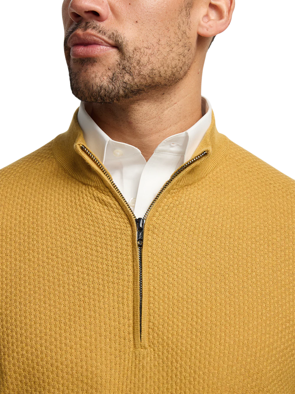 Silk Cotton Cashmere Quarter Zip Mock Neck Sweater - Gold - Image 3