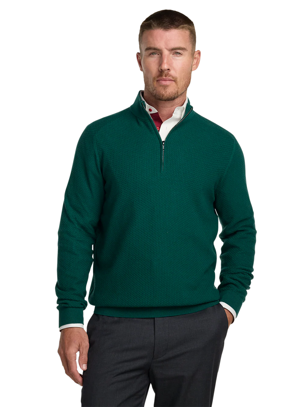 Silk Cotton Cashmere Quarter Zip Mock Neck Sweater - Green - Image 2