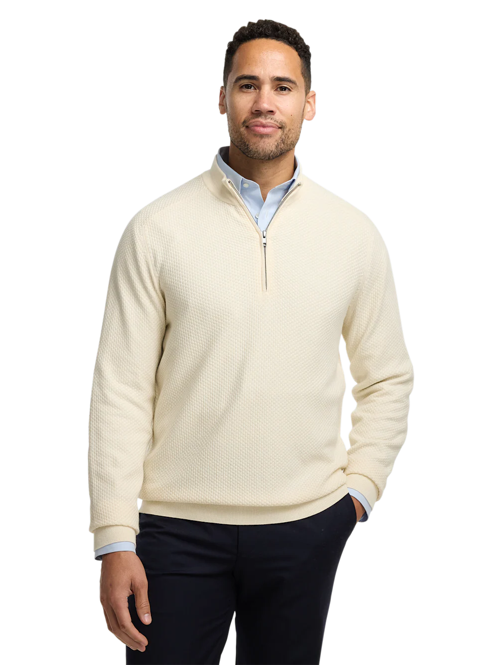 Silk Cotton Cashmere Quarter Zip Mock Neck Sweater - Ivory - Image 2